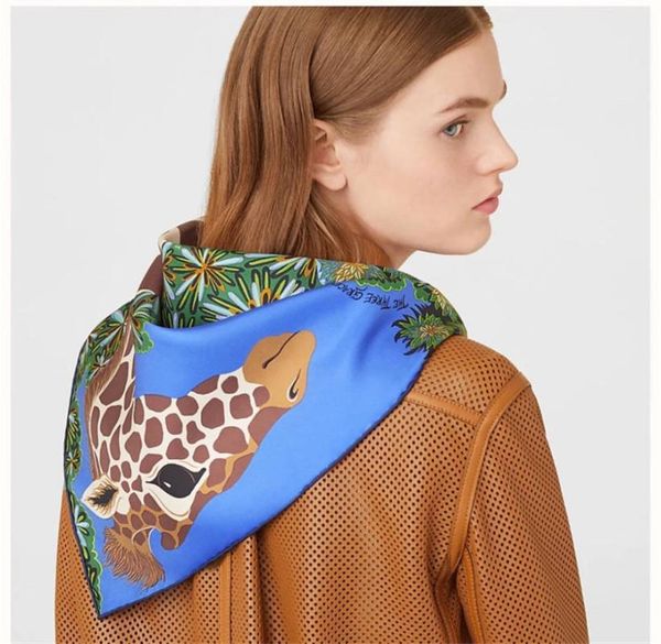 

hand rolled silk square scarf women 90 90 satin scarfs giraffe animal vintage head neck scarfs shawl female foulard femme ladies, Blue;gray