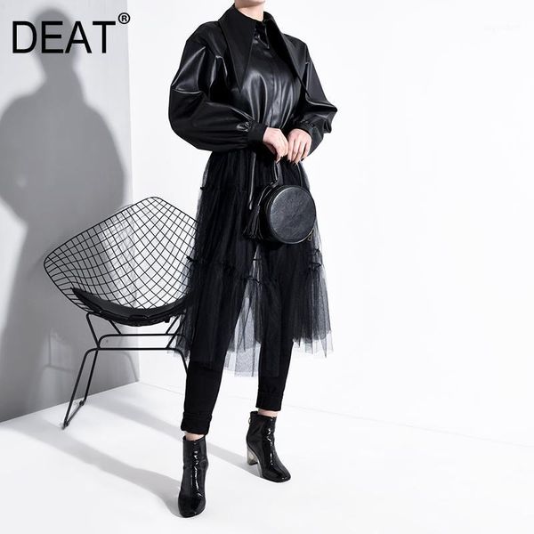 

deat 2020 new spring turn-down collar lantern sleeves pu leather patchwork mesh single breasted jacket dress pb279011, Tan;black