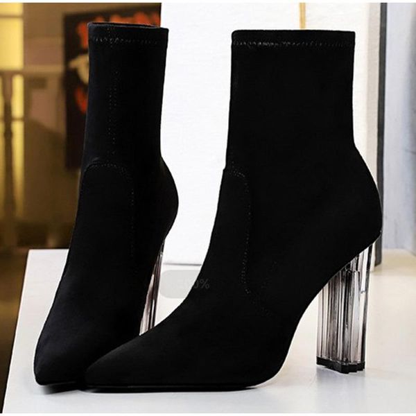 

women's ankle boots sock shoes winter warm high transparent heels flock pointed toe slip on elegant ladies boot autumn shoe, Black