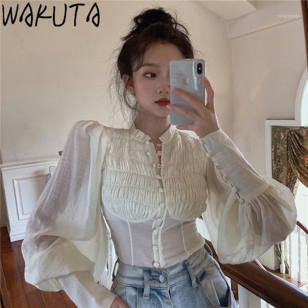 

wakuta fashion mesh women elegant ladies buttons lantern long sleeve blouse 2020 new spring women slim waist white shirt1