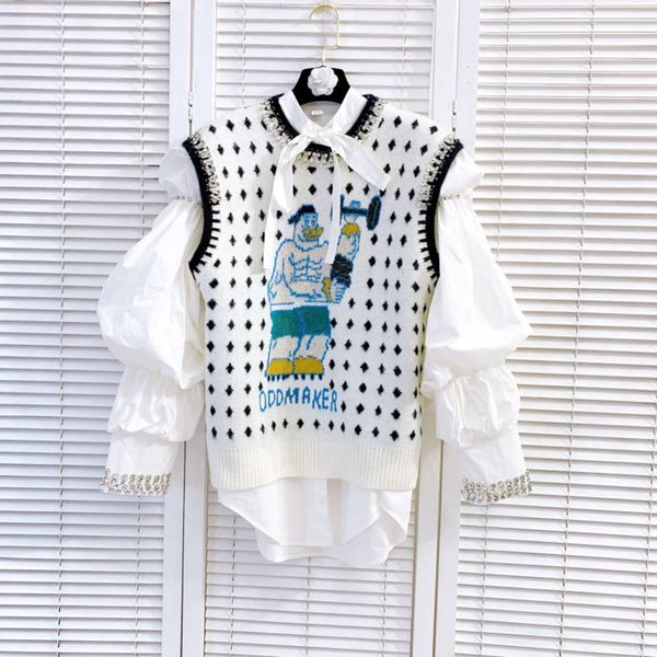 

korea dongdamen 2020 autumn winter college wind heavy industry nail drill cartoon pattern letter knitted vt q3#5079, Black;white