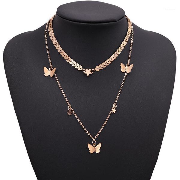 

selling gold color fish bone butterfly stars necklaces for women double layer clavicle chain jewelry party gifts1, Silver