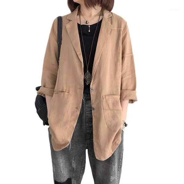 

oversized summer autumn new retro casual suit collar cotton and linen jacket suit loose long blezer mujer thin blusa coat f7371, Black;brown