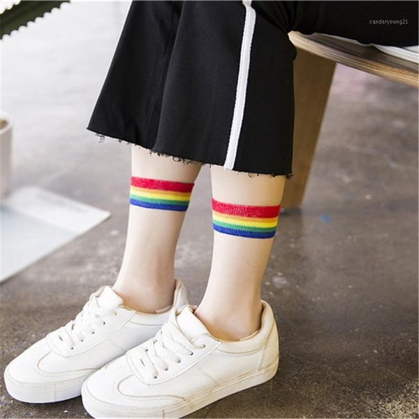 

socks & hosiery women summer fashion thin transparent rainbow striped short ankle hipster art cute1, Black;white