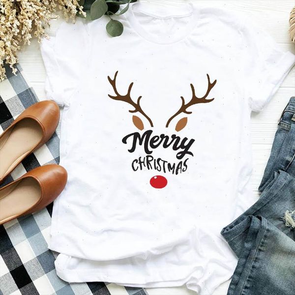

merry christmas cute deer print t shirt women short sleeve o neck loose tshirt summer women tee shirt camisetas mujer, White
