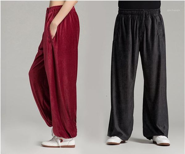 

martial arts pants g-like thickening corduroy fine stripe tai chi trousers frenal waist loose pure yoga for women men 3 color 8 sizes1, Black;red