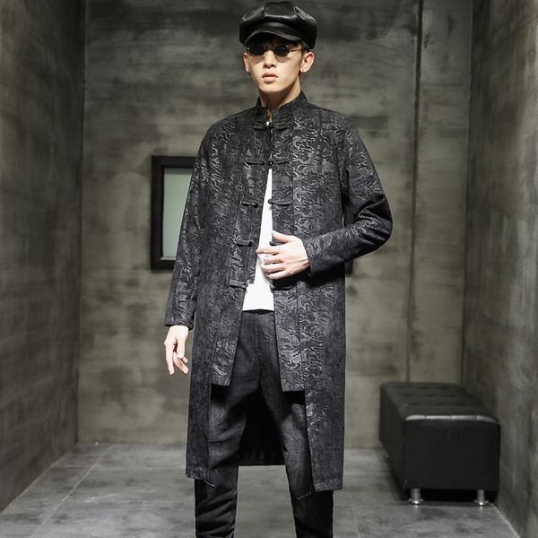 

two pieces of chinese style windbreaker 2020 spring and autumn new fashion brand jacket men's long taoist robe coat, Tan;black