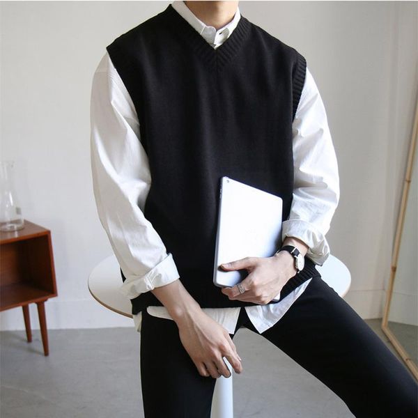 

casual loose man sweaters korean style winter pullover knitted vest fashion man sweaters pull hiver men's clothing db60my, Black;white