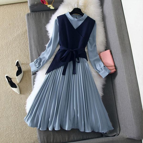 

autumn winter dress two piece set elegant long sleeve knit slim mid calf long pleated dress 2pcs suit spring outfits high street, Black;gray
