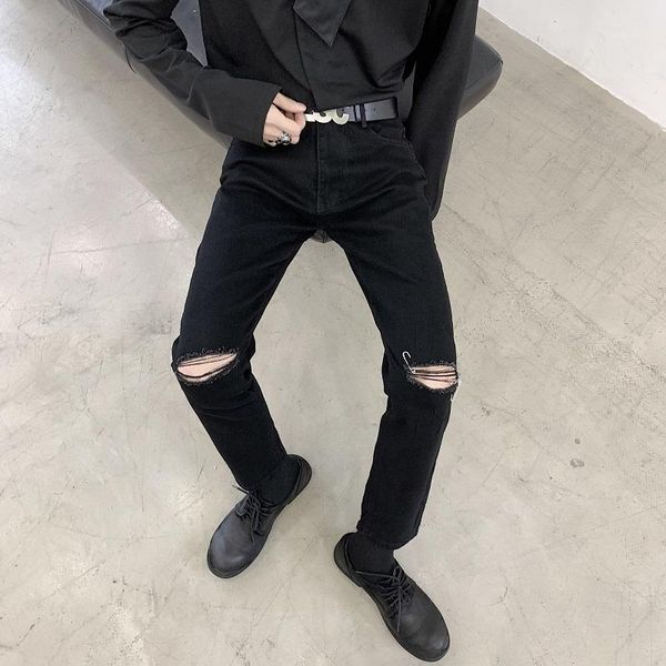 

men's jeans fit black ankle -length denim pant gothic trousers high street hip hop punk men women elastic broken hole slim male mid1, Blue