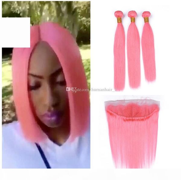 

virgin brazilian pink color human hair 3 bundles deals with full frontal silky straight pure pink 13x4 lace frontal closure with weaves, Black;brown