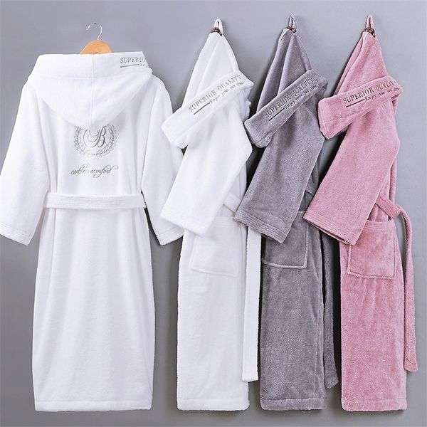 Inverno Donna Accappatoio Con Cappuccio Uomo Autunno Spessa Asciugamano caldo Pile Sleepwear Abito lungo Hotel Spa morbida Camicia da notte lunga Kimono robe 210203