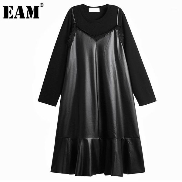 

eam] women black lace pu leather ruffles long dress new round neck long sleeve loose fashion spring autumn 2020 1dd11711, Black;gray
