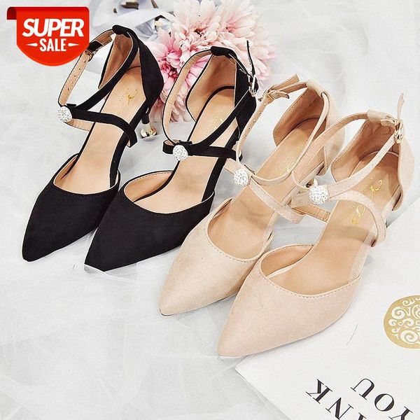 

2020 new rhinestone thin heels high heels pointed toe buckle strap wedding party women's shoes solid flock classic summer #c24z, Black