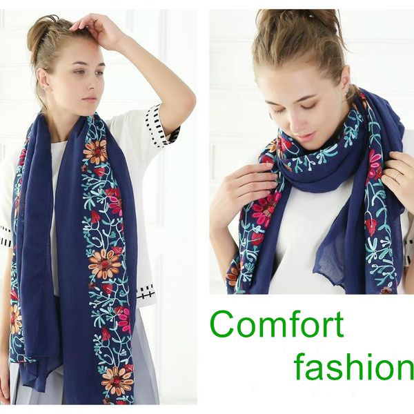 

womens fashion scarf embroidered flower cotton linen shawl cotton vintage autumn winter warm comfortable travel wrap spring ladies trendy, Blue;gray
