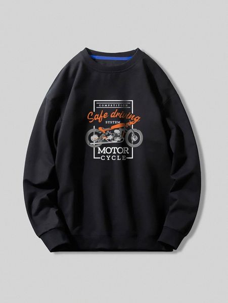 

men letter & motorcycle print pullover 48lz#, Black