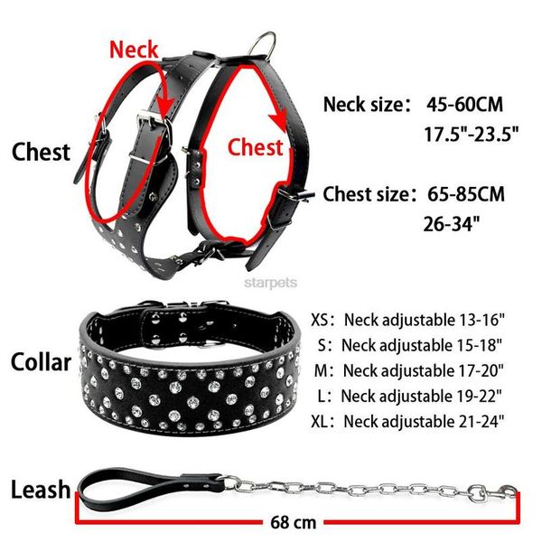 

bling rhinestone studded leather dog pet collar harness leash 3pcs set walking medium large dogs pitbull boxer pink blac sqcnfb