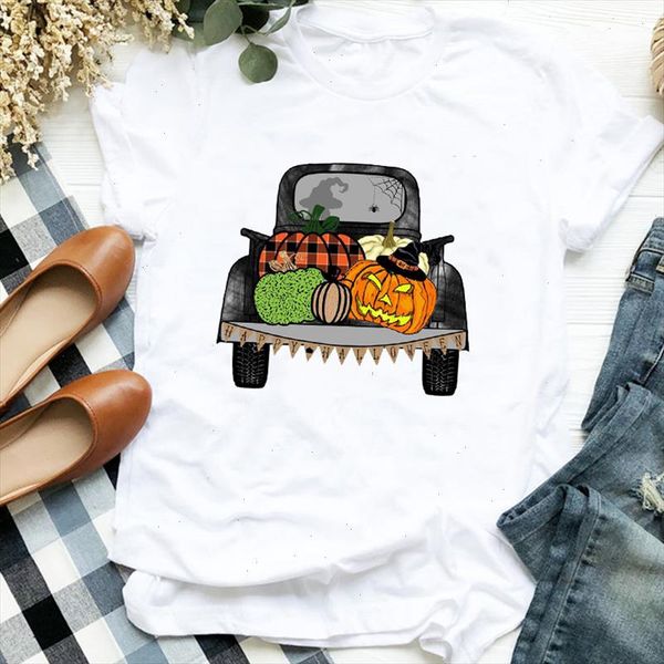 

women lady truck pumpkin face fall halloween thanksgiving print womens clothes shirt t tee for tshirt female graphic t shirt, White