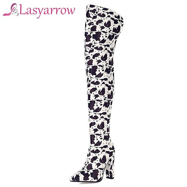 

lasyarrow leopard long boots women thick high heel boot pointed toe club shoes thigh high over-the-knee boots, Black