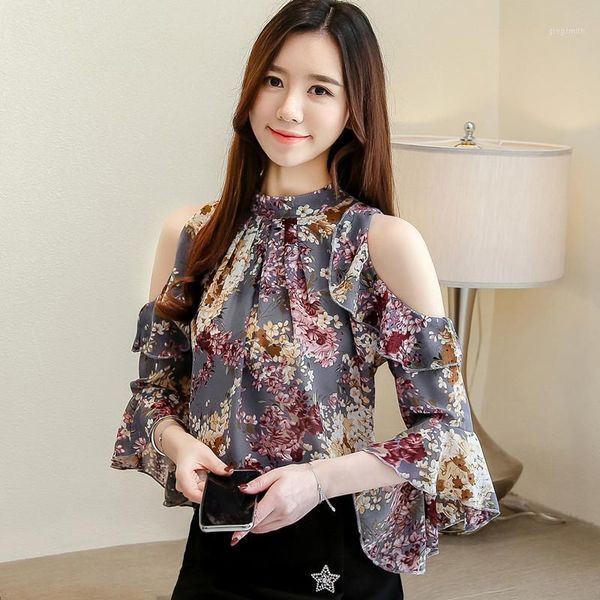 

blouse women 2020 ladies floral chiffon blouse for women ruffles butterfly sleeve hollow out plus size female1, White