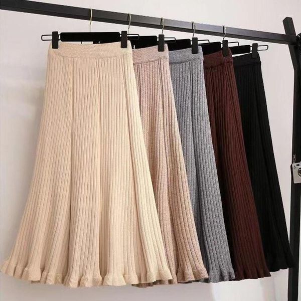 

vintage knitted skirts womens saia casual high street pleated skirt female elegant faldas solid new fashion ladies skirts q31591, Black