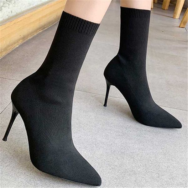 

women sock boots pointed toe fashion wild elastic high slip on heel ankle pumps zapatos de mujer high boots sizes 34-42 2020, Black