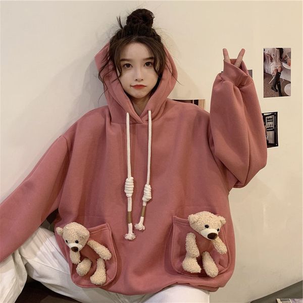 

autumn and winter new cute pocket bear sweater female loose student ins fashion college style versatile plush coat, Black