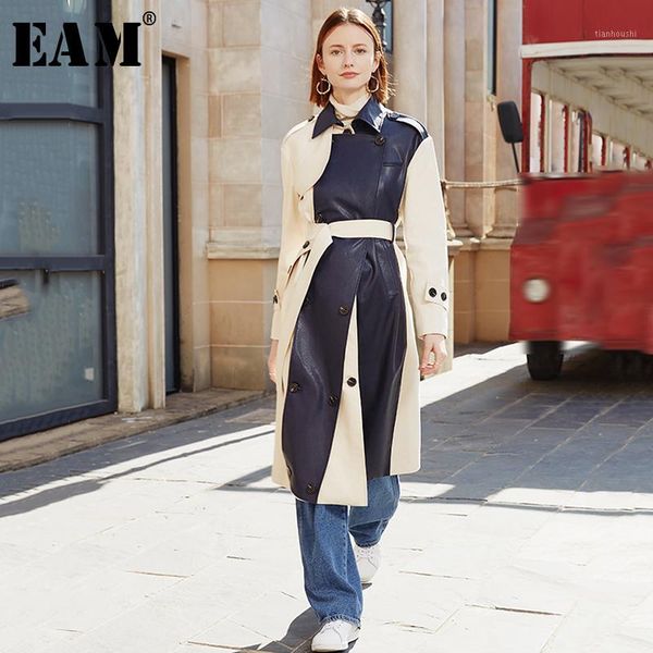 

eam] women apricot pu leather split long trench new lapel long sleeve loose fit windbreaker fashion tide spring 2020 1n3601, Tan;black