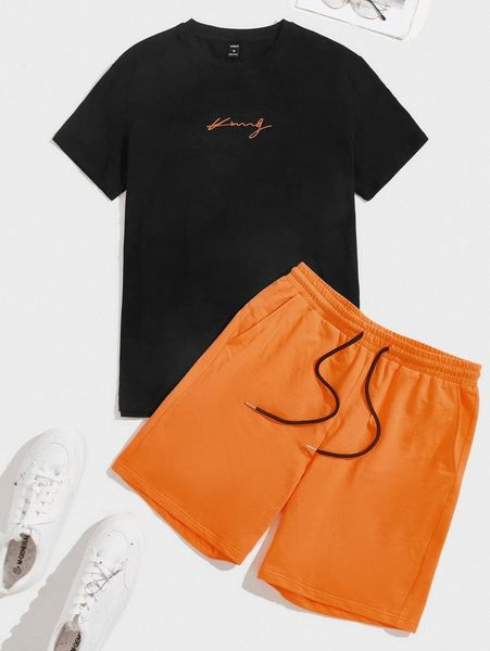 

men letter graphic tee & shorts set k4ek#, Gray