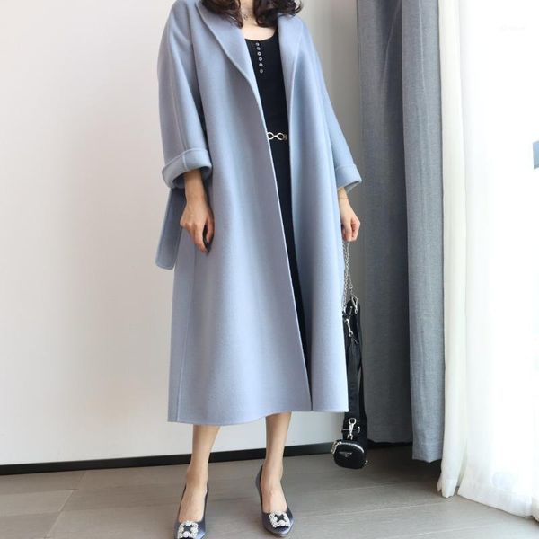 

in the fall and winter of 20 new women's clothing belt profile wool long loose cloth coat coat lapels1, Black