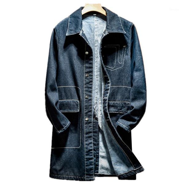 

men's trench coats autumn and winter new men's casual long denim fashion jacket men's cowboy trench coat1, Tan;black