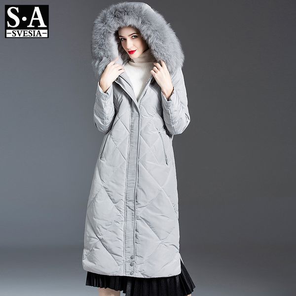 

women's coats 2020 fur collar over the knee korean long thick white duck down jacket, Black