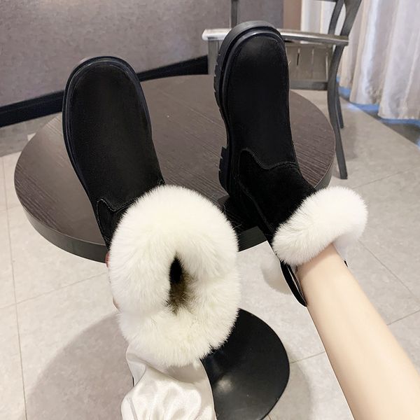 

2021 the new warm winter skin ankle boots platform women thick stuffed shoes short woman suede from false square heels z20c, Black