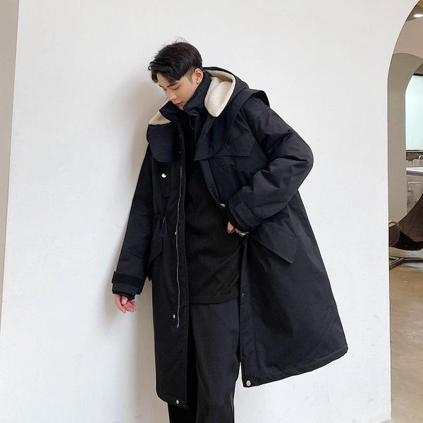 

men's down & parkas male streetwear vintage casual loose overcoat jacket outerwear men winter thicken cotton padded hooded cape long co, Black