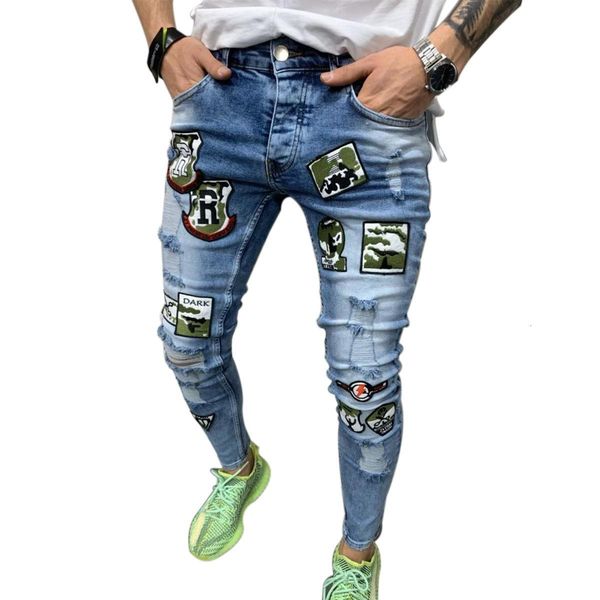 

men's pants fashion hip-hop patchwork trousers sweatpants skinny biker embroidery print destroyed hole taped slim fit pants, Black
