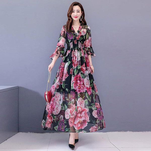

women summer chiffon long dress new 2021 fashion v-neck flare sleeve floral print ladies elegant dresses, Black;gray
