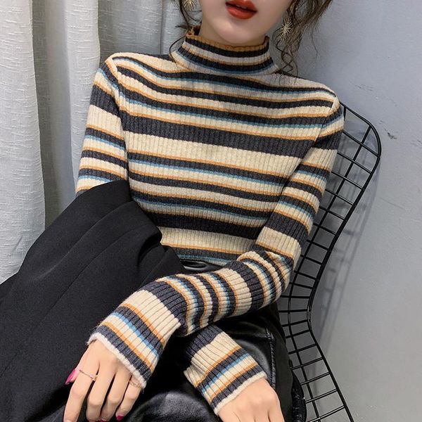 

beginning 2021 autumn and winter new thin half turtleneck high striped female sweater 22wo, White;black