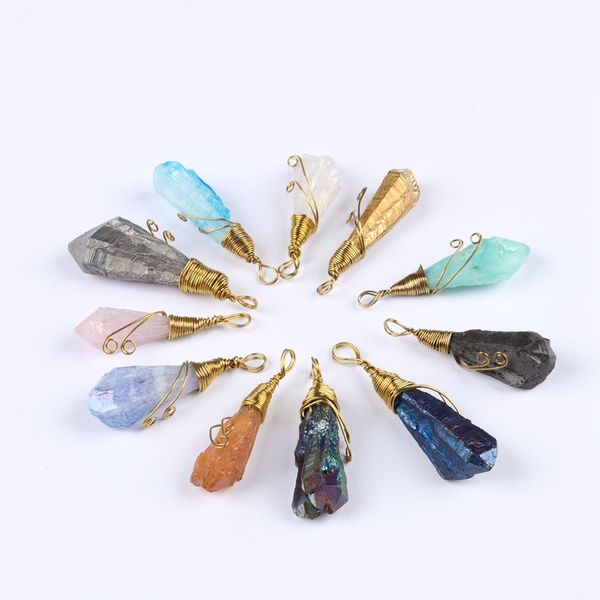 

hand woven crystal column creative pendant golden copper wire wrapping irregular gemstone distinctive necklace reiki healing stone diy men w, Silver