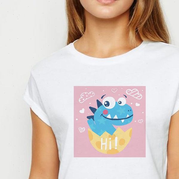 

oversize dinosaur with broken shell tshirt women spring summer t shirt harajuku cute pink printing round neck t shirt, White