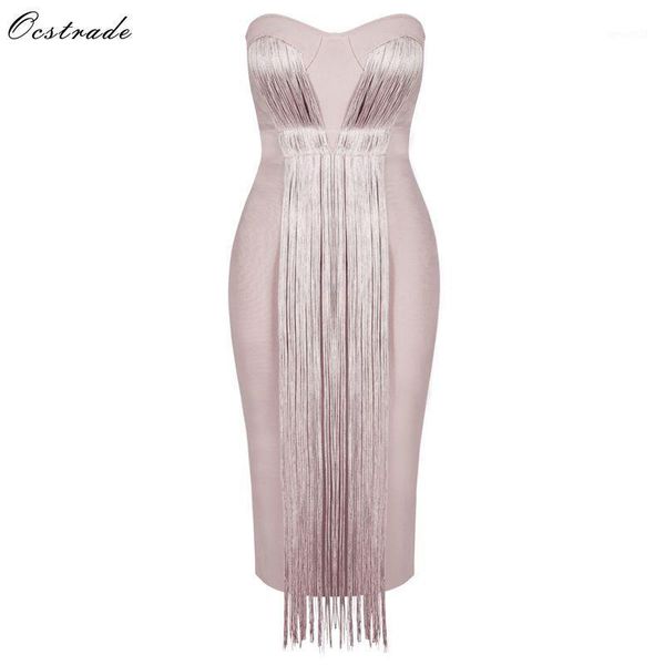 

casual dresses ocstrade summer vestidos bandage 2021 women midi dress rayon nude tassel fringe strapless bodycon party dress1, Black;gray
