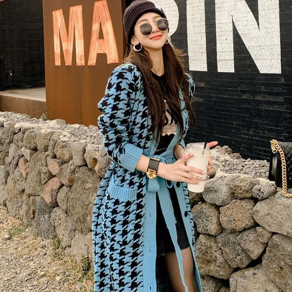 

women's knits & tees houndstooth plaid knitted sweater women korean long jumpers coats loose causal vintage lace up winter cardigans th, White