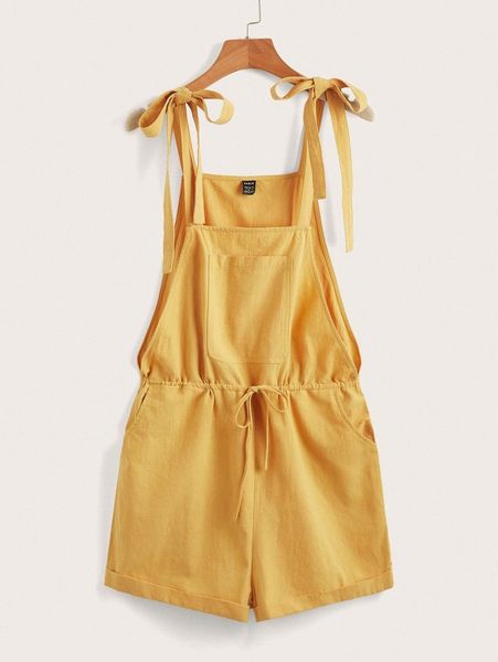 

knot shoulder patched pocket drawstring waist romper t9bv#, White