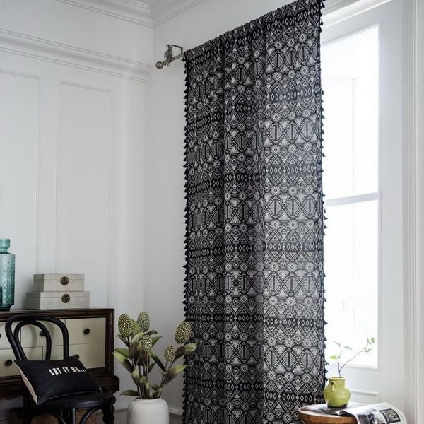 

curtain & drapes jacquard geometric black fringed kitchen american country bay window door half shade finished m215#40