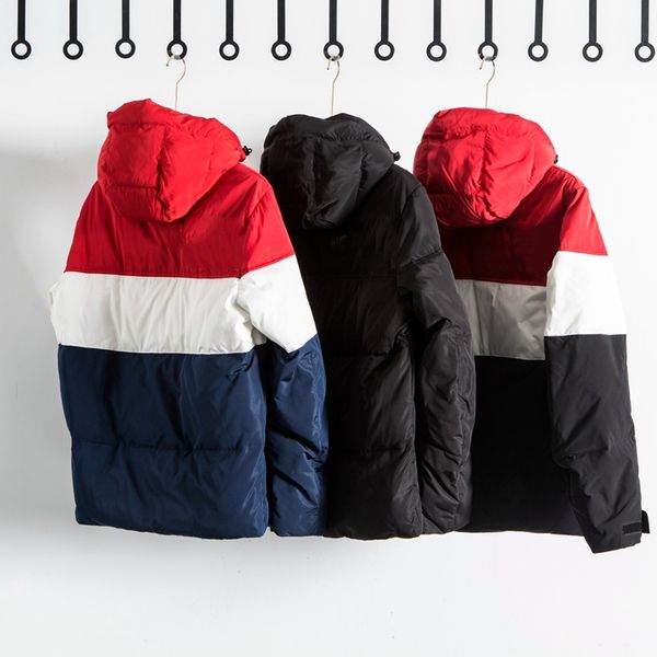 

designer winter outerwear mens color-blocked down jacket retro couple hooded north outdoor warm jackets doudoune homme, Blue;black