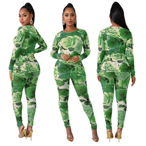 

women flower pattern sets fashion trend long sleeve round neck pants suits designer female autumn elasticity casual skinny tracksuits, Gray