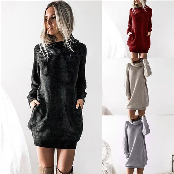 

autumn winter sweater dress solid casual dresses womens long sleeve turtleneck knitted dress roll neck jumper ladies mini, Black;gray