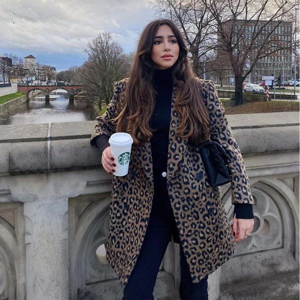 

2021 new autumn winter women animal print coat double-breasted casual fashion warm windbreaker outerwear female jacket, Black