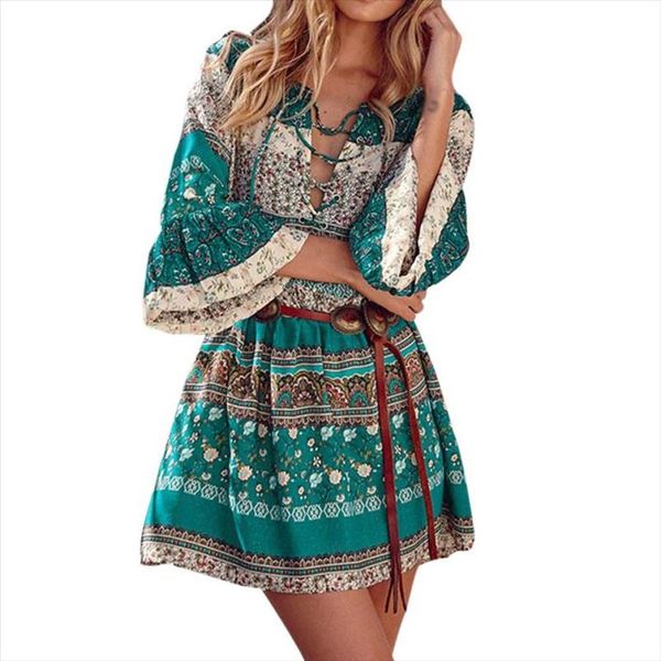 

bohemia dress women floral print three quarter sleeve boho summer dress ladies flare sleeve women dresses, Black;gray