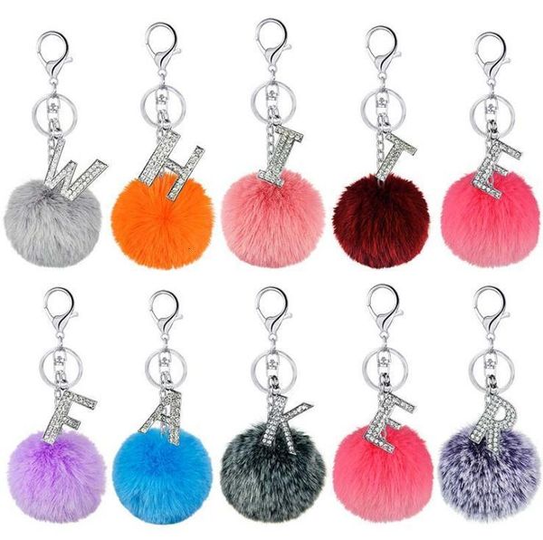 

keychain fashion ball rhinestone fur 26 letters rabbit pompom chain car keyring women key holder bag pendant charm acces, Silver
