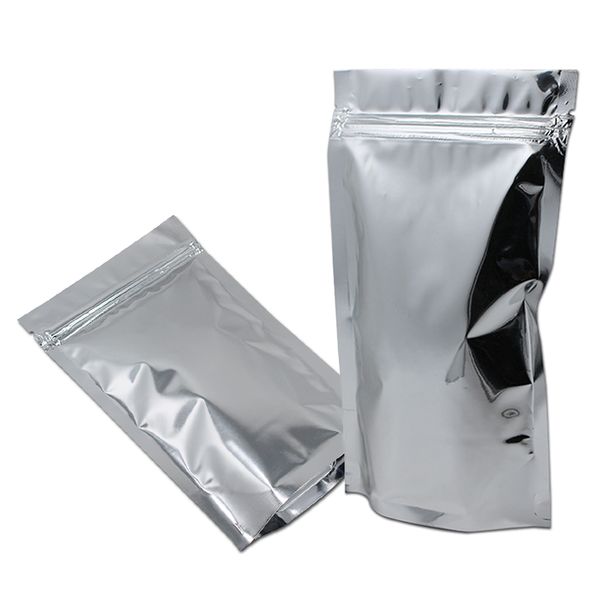 

100 pcs aluminum 12x20cm silver stand up food storage bag for coffee tea powder mylar foil with zipper packing pouches